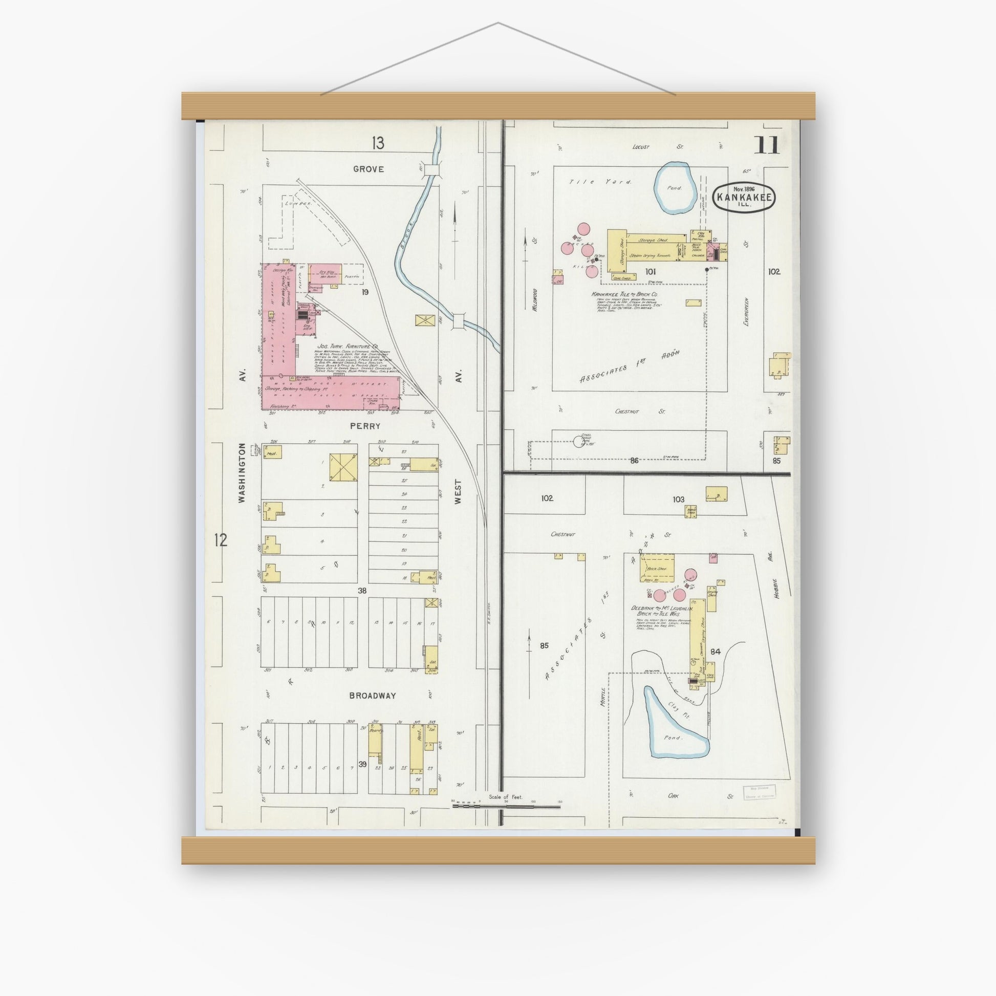 Old map wall art mockup — magnetic wood frame on white wall — Sanborn Fire Insurance Map from Kankakee, Kankakee County, Illinois (1896), Sheet #0011