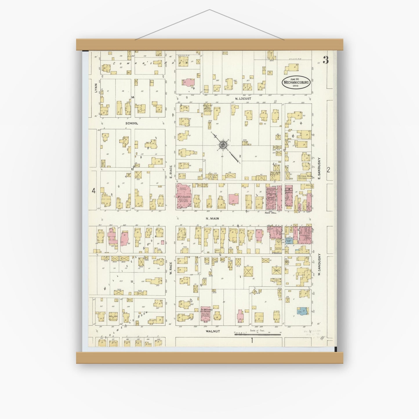 Old map wall art mockup — magnetic wood frame on white wall — Sanborn Fire Insurance Map from Mechanicsburg, Champaign County, Ohio (1911), Sheet #0003