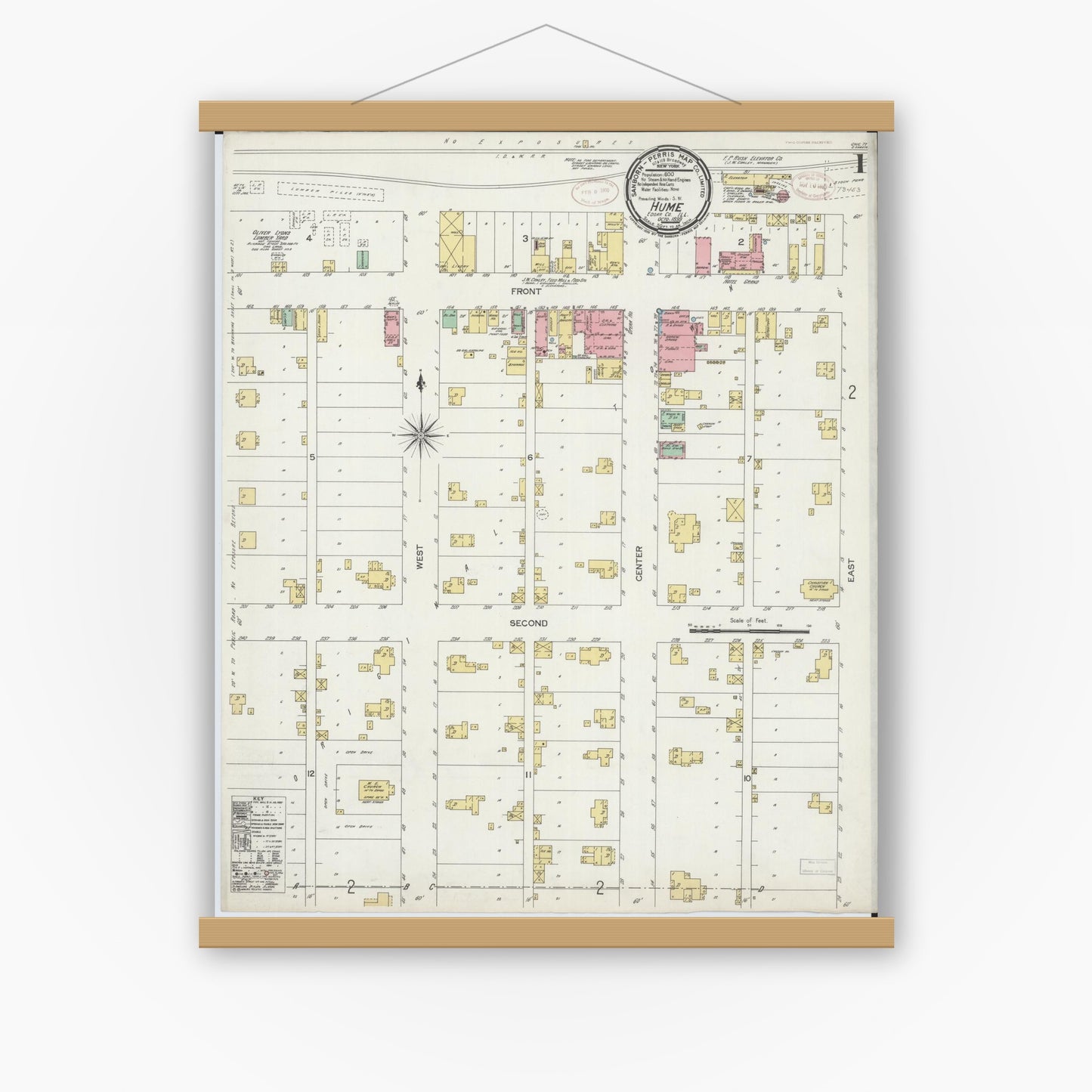 Old map wall art mockup — magnetic wood frame on white wall — Sanborn Fire Insurance Map from Hume, Edgar County, Illinois (1899) - Complete Map Set