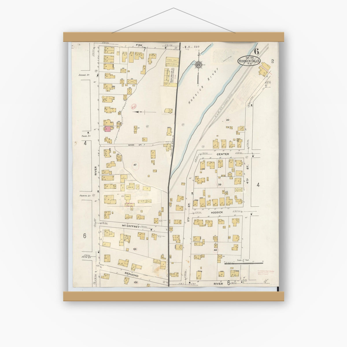 Old map wall art mockup — magnetic wood frame on white wall — Sanborn Fire Insurance Map from Hoosick Falls, Rensselaer County, New York (1945), Sheet #0006