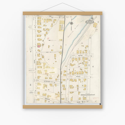 Old map wall art mockup — magnetic wood frame on white wall — Sanborn Fire Insurance Map from Hoosick Falls, Rensselaer County, New York (1945), Sheet #0006