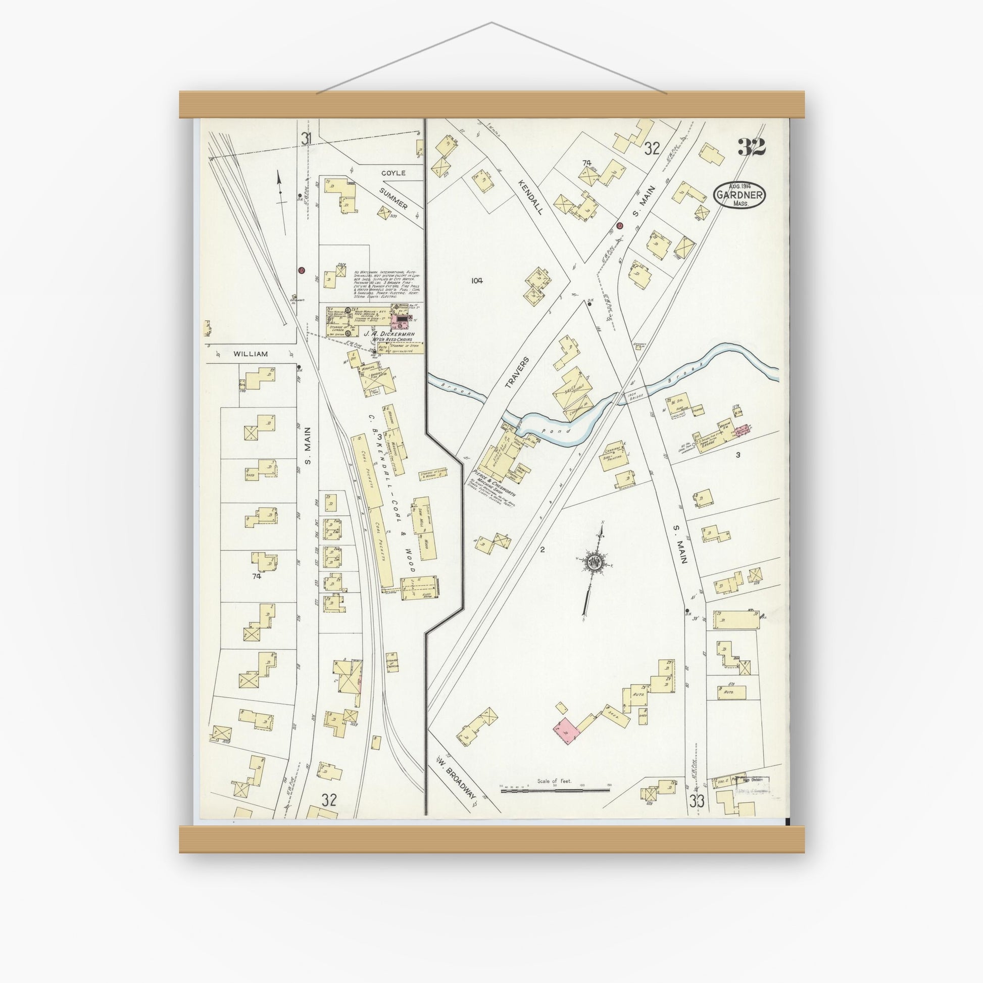Old map wall art mockup — magnetic wood frame on white wall — Sanborn Fire Insurance Map from Gardner, Worcester County, Massachusetts (1914), Sheet #0032