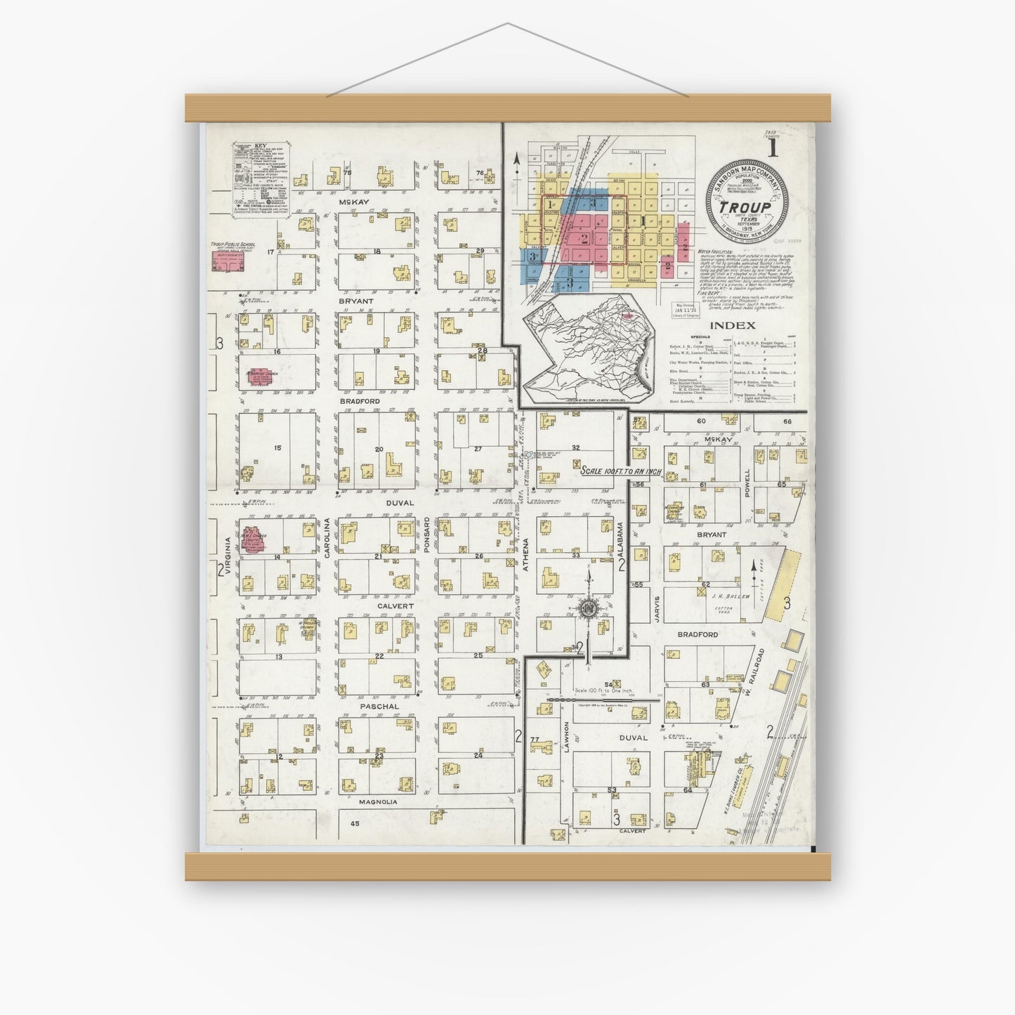 Old map wall art mockup — magnetic wood frame on white wall — Sanborn Fire Insurance Map from Troup, Smith County, Texas (1919), Sheet #0001