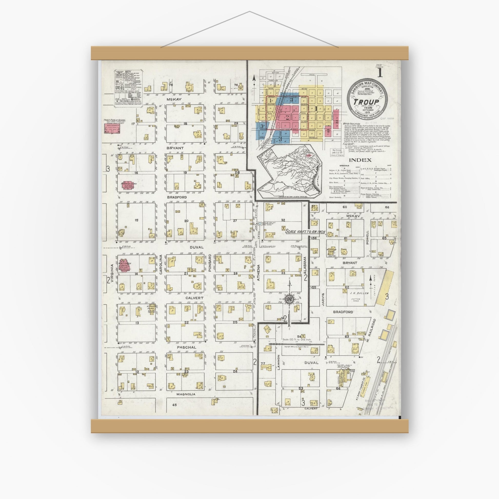 Old map wall art mockup — magnetic wood frame on white wall — Sanborn Fire Insurance Map from Troup, Smith County, Texas (1919), Sheet #0001