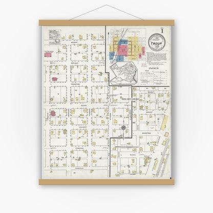 Old map wall art mockup — magnetic wood frame on white wall — Sanborn Fire Insurance Map from Troup, Smith County, Texas (1919), Sheet #0001