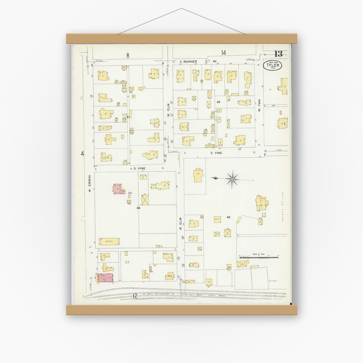 Old map wall art mockup — magnetic wood frame on white wall — Sanborn Fire Insurance Map from Tyler, Smith County, Texas (1907), Sheet #0013
