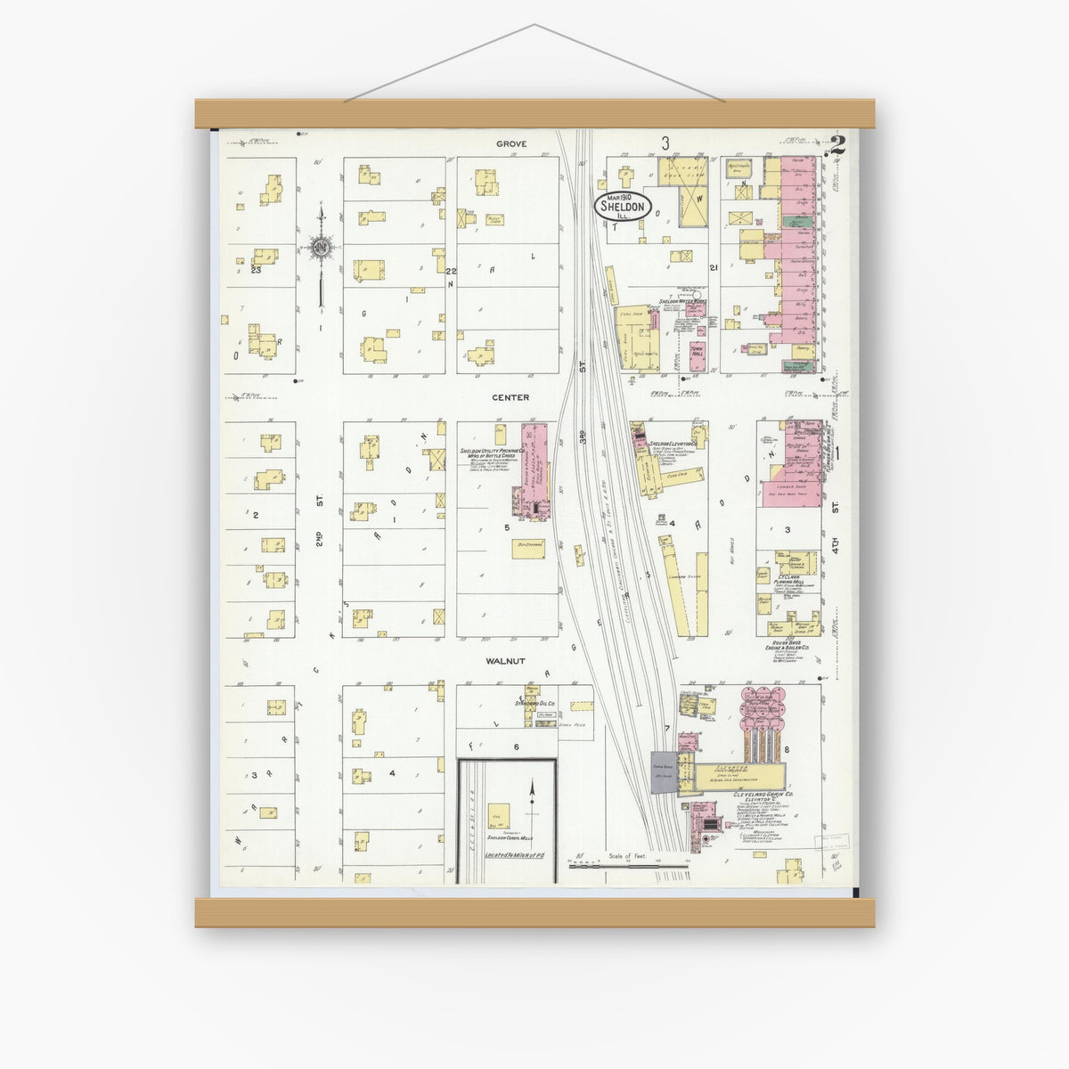 Old map wall art mockup — magnetic wood frame on white wall — Sanborn Fire Insurance Map from Sheldon, Iroquois County, Illinois (1910), Sheet #0002