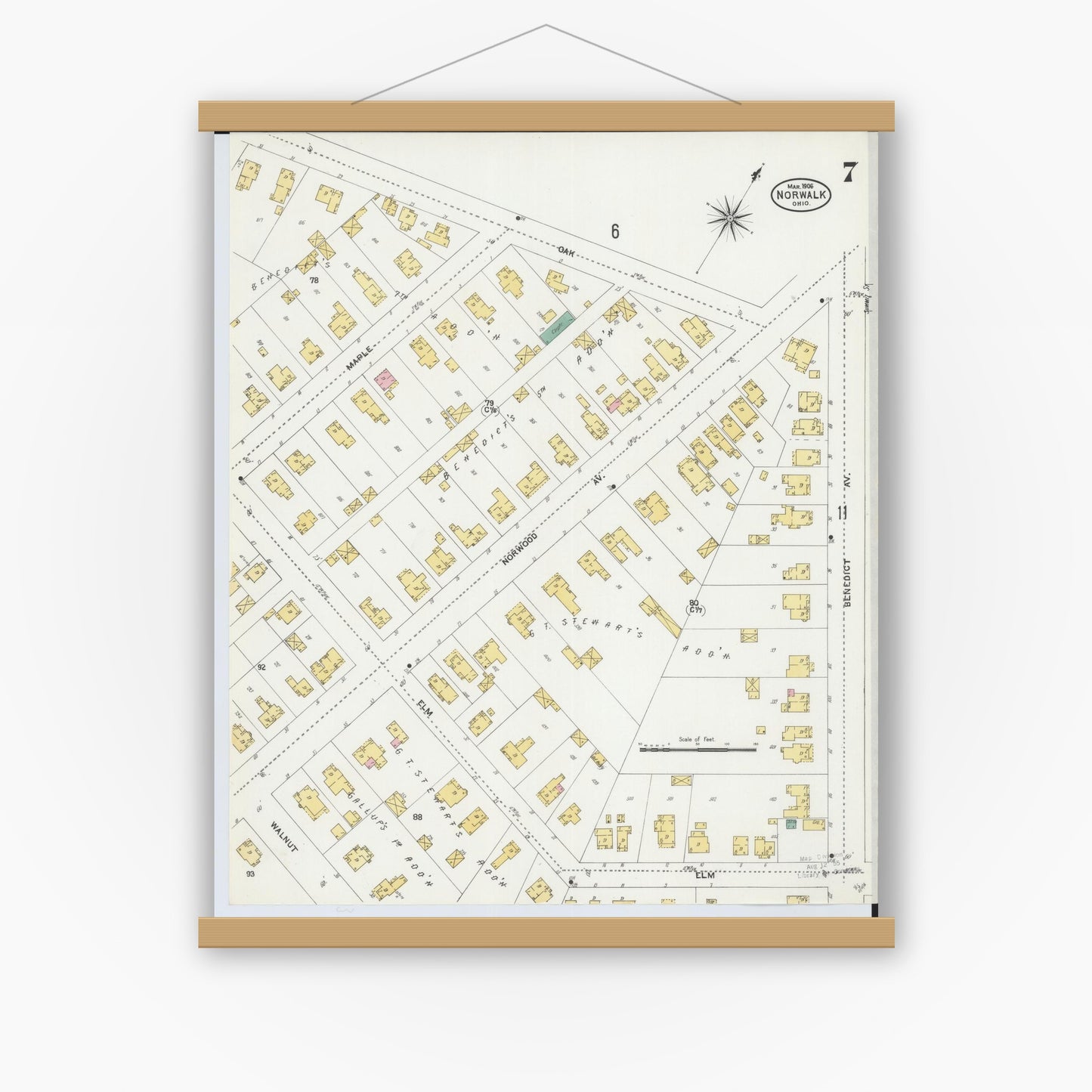 Old map wall art mockup — magnetic wood frame on white wall — Sanborn Fire Insurance Map from Norwalk, Huron County, Ohio (1906), Sheet #0007