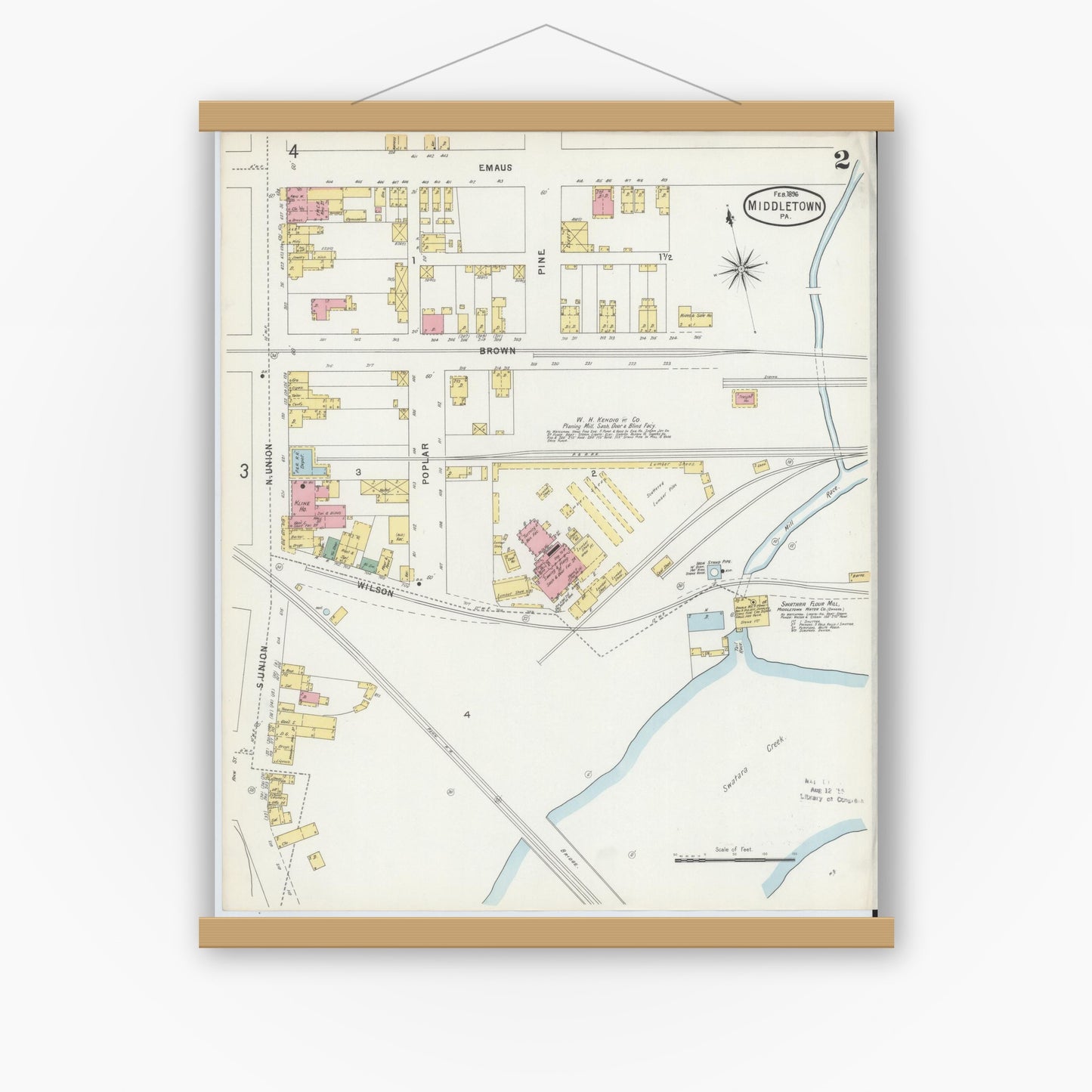 Old map wall art mockup — magnetic wood frame on white wall — Sanborn Fire Insurance Map from Middletown, Dauphin County, Pennsylvania (1896), Sheet #0002