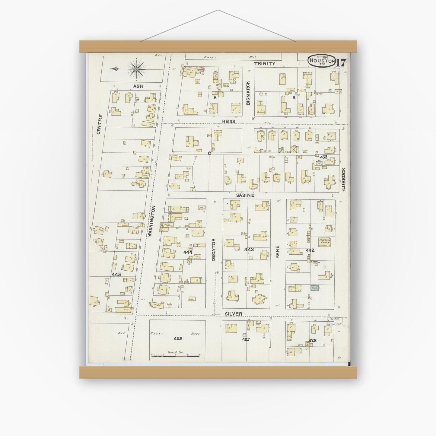 Old map wall art mockup — magnetic wood frame on white wall — Sanborn Fire Insurance Map from Houston, Harris County, Texas (1890), Sheet #0017