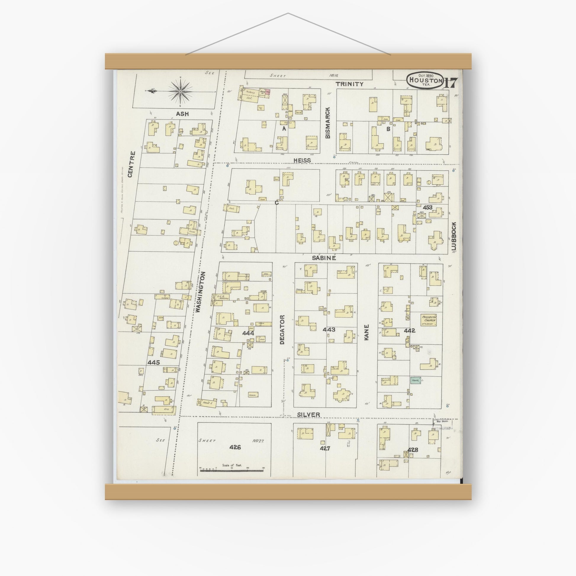 Old map wall art mockup — magnetic wood frame on white wall — Sanborn Fire Insurance Map from Houston, Harris County, Texas (1890), Sheet #0017