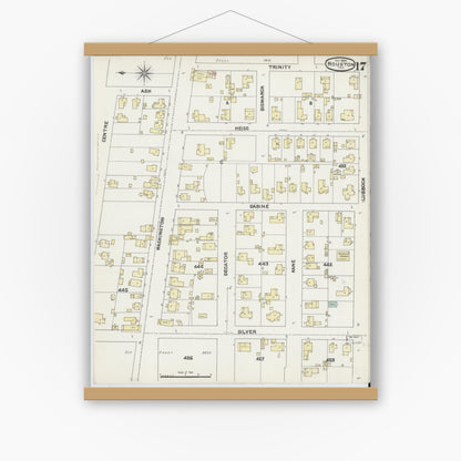 Old map wall art mockup — magnetic wood frame on white wall — Sanborn Fire Insurance Map from Houston, Harris County, Texas (1890), Sheet #0017