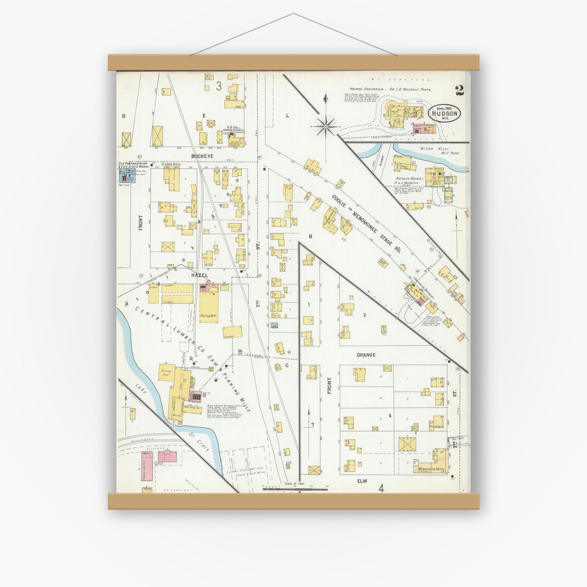Old map wall art mockup — magnetic wood frame on white wall — Sanborn Fire Insurance Map from Hudson, St. Croix County, Wisconsin (1900), Sheet #0002