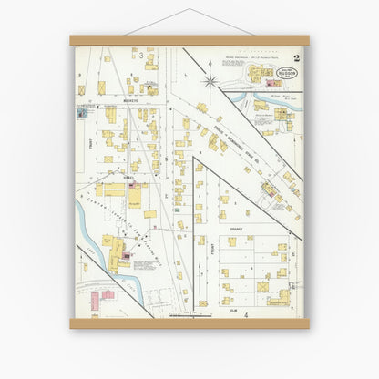 Old map wall art mockup — magnetic wood frame on white wall — Sanborn Fire Insurance Map from Hudson, St. Croix County, Wisconsin (1900), Sheet #0002
