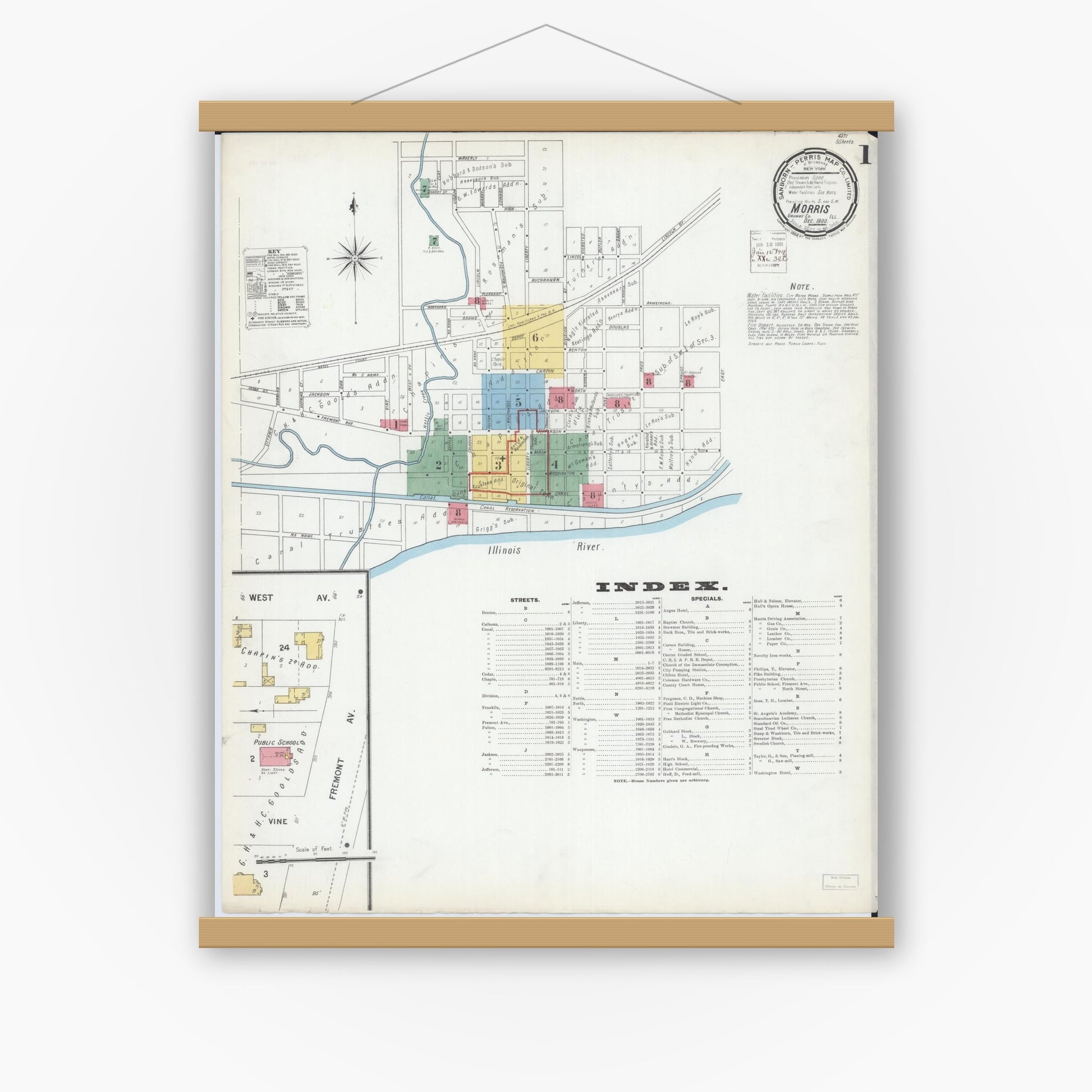 Old map wall art mockup — magnetic wood frame on white wall — Sanborn Fire Insurance Map from Morris, Grundy County, Illinois (1900) - Complete Map Set