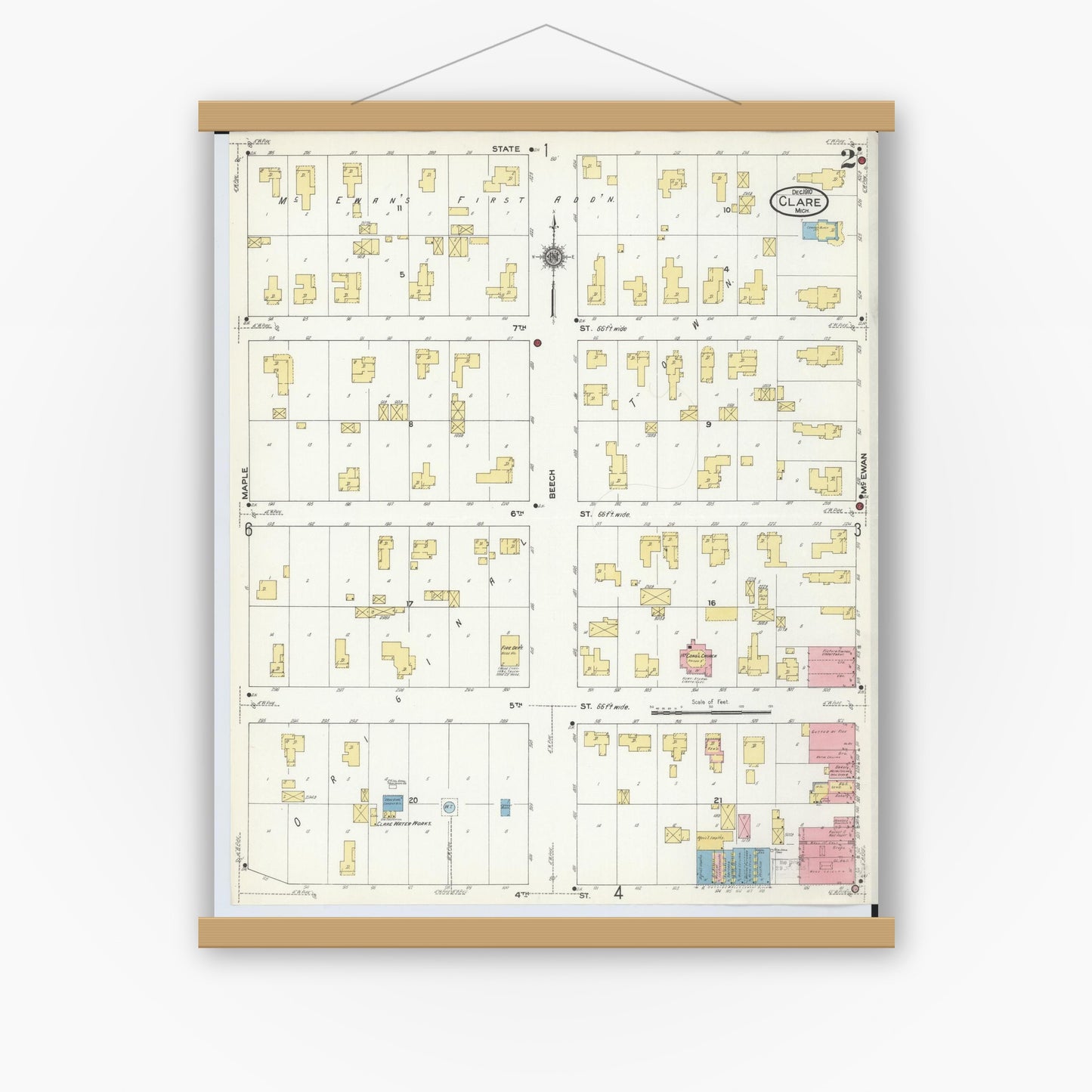 Old map wall art mockup — magnetic wood frame on white wall — Sanborn Fire Insurance Map from Clare, Clare County, Michigan (1910), Sheet #0002