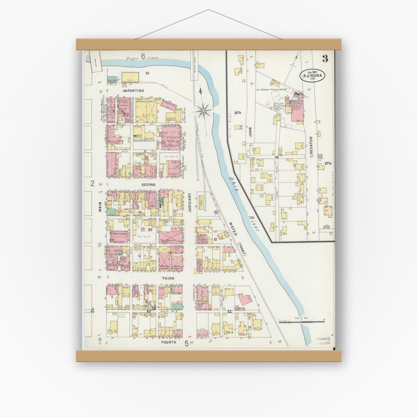 Old map wall art mockup — magnetic wood frame on white wall — Sanborn Fire Insurance Map from Aurora, Dearborn County, Indiana (1897), Sheet #0003