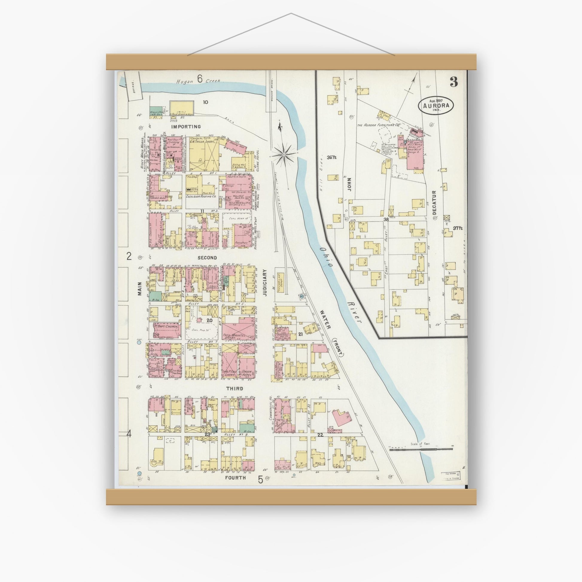Old map wall art mockup — magnetic wood frame on white wall — Sanborn Fire Insurance Map from Aurora, Dearborn County, Indiana (1897), Sheet #0003