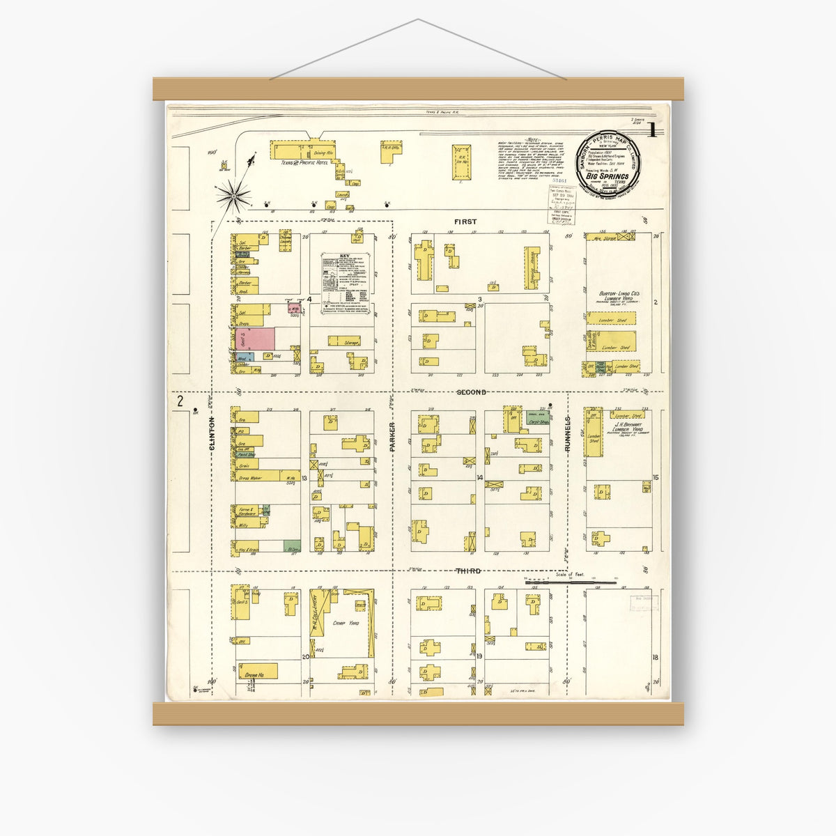 Old map wall art mockup — magnetic wood frame on white wall — Sanborn Fire Insurance Map from Big Spring, Howard County, Texas (1900), Sheet #0001