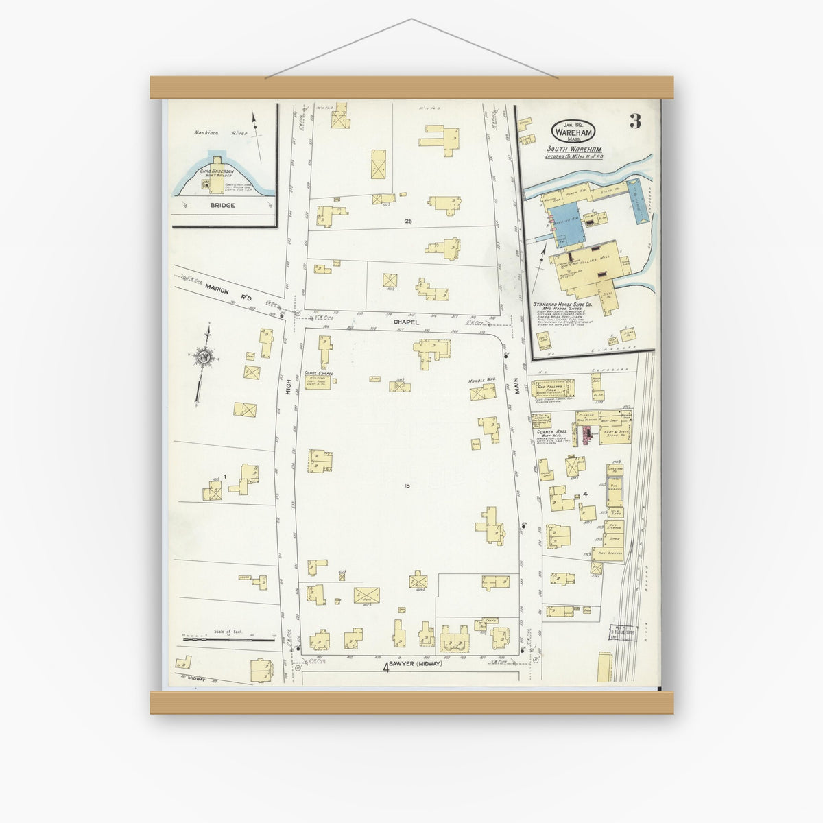 Old map wall art mockup — magnetic wood frame on white wall — Sanborn Fire Insurance Map from Wareham, Plymouth County, Massachusetts (1912), Sheet #0003