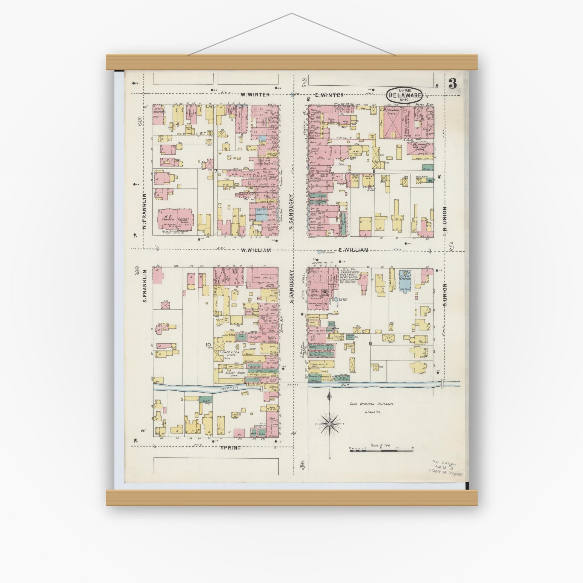 Old map wall art mockup — magnetic wood frame on white wall — Sanborn Fire Insurance Map from Delaware, Delaware County, Ohio (1895), Sheet #0003