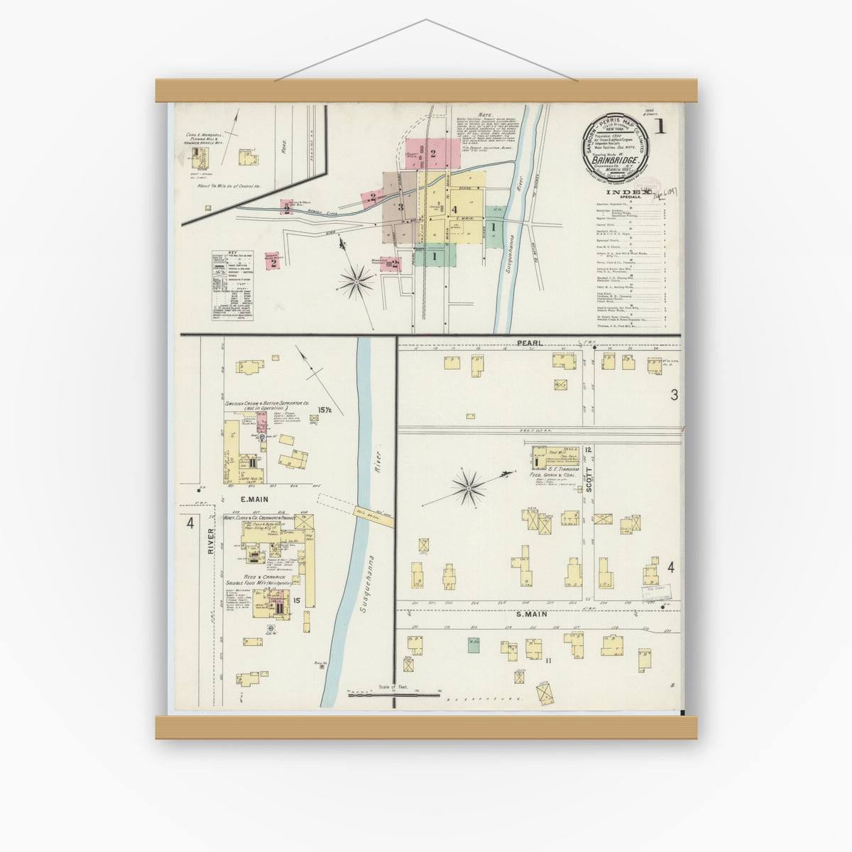 Old map wall art mockup — magnetic wood frame on white wall — Sanborn Fire Insurance Map from Bainbridge, Chenango County, New York (1897) - Complete Map Set