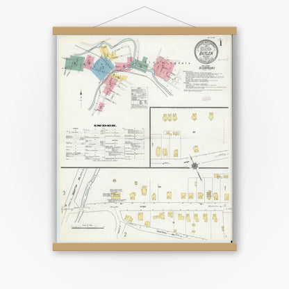 Old map wall art mockup — magnetic wood frame on white wall — Sanborn Fire Insurance Map from Butler, Morris County, New Jersey (1911) - Complete Map Set