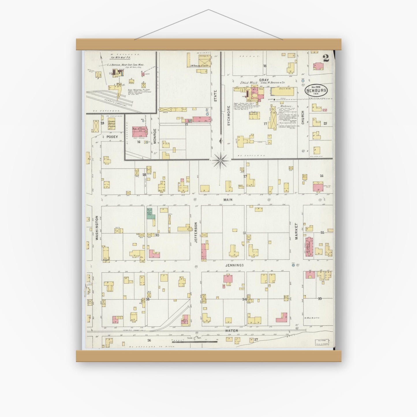 Old map wall art mockup — magnetic wood frame on white wall — Sanborn Fire Insurance Map from Newburgh, Warrick County, Indiana (1898), Sheet #0002
