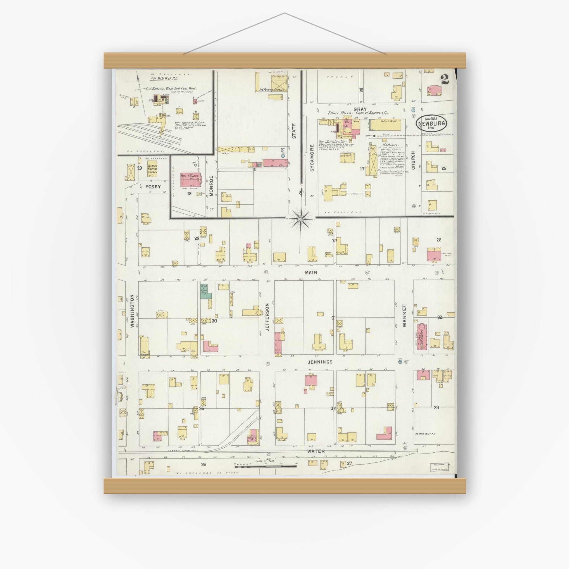 Old map wall art mockup — magnetic wood frame on white wall — Sanborn Fire Insurance Map from Newburgh, Warrick County, Indiana (1898), Sheet #0002