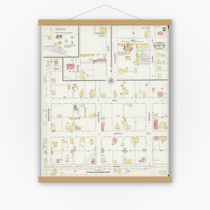 Old map wall art mockup — magnetic wood frame on white wall — Sanborn Fire Insurance Map from Newburgh, Warrick County, Indiana (1898), Sheet #0002