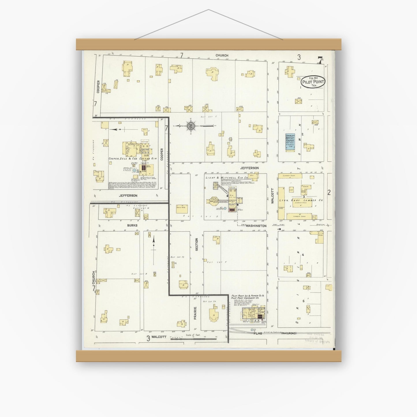 Old map wall art mockup — magnetic wood frame on white wall — Sanborn Fire Insurance Map from Pilot Point, Denton County, Texas (1912), Sheet #0007