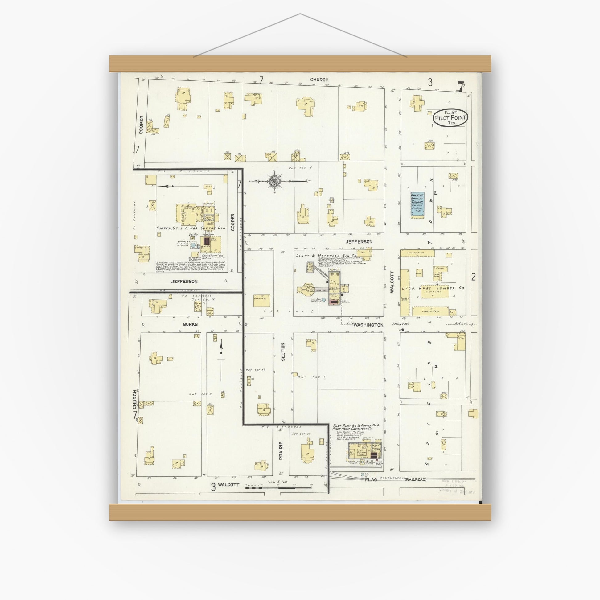 Old map wall art mockup — magnetic wood frame on white wall — Sanborn Fire Insurance Map from Pilot Point, Denton County, Texas (1912), Sheet #0007