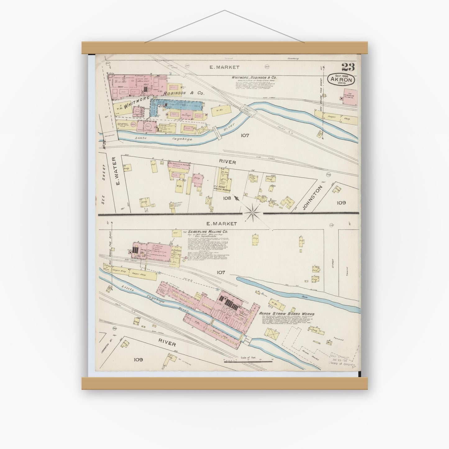 Old map wall art mockup — magnetic wood frame on white wall — Sanborn Fire Insurance Map from Akron, Summit County, Ohio (1886), Sheet #0023