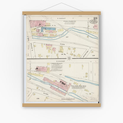 Old map wall art mockup — magnetic wood frame on white wall — Sanborn Fire Insurance Map from Akron, Summit County, Ohio (1886), Sheet #0023