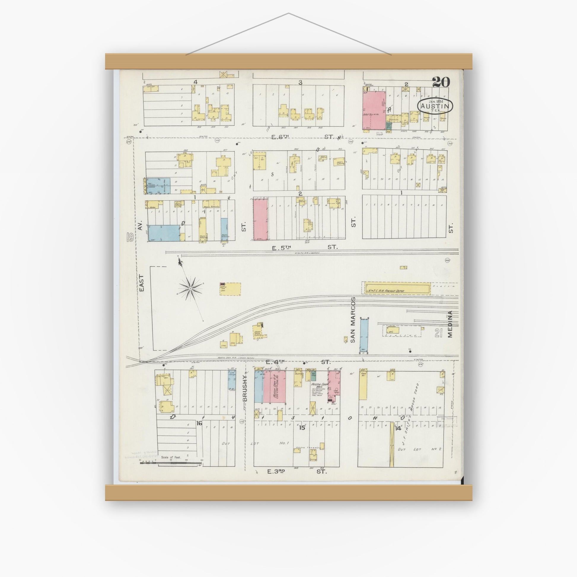 Old map wall art mockup — magnetic wood frame on white wall — Sanborn Fire Insurance Map from Austin, Travis County, Texas (1894), Sheet #0020