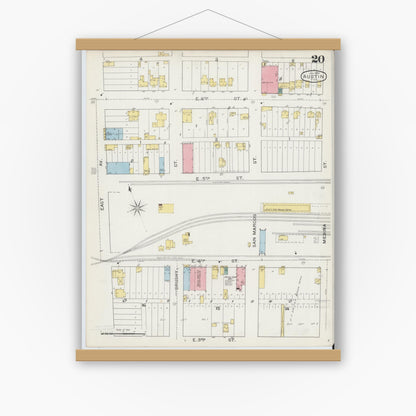 Old map wall art mockup — magnetic wood frame on white wall — Sanborn Fire Insurance Map from Austin, Travis County, Texas (1894), Sheet #0020