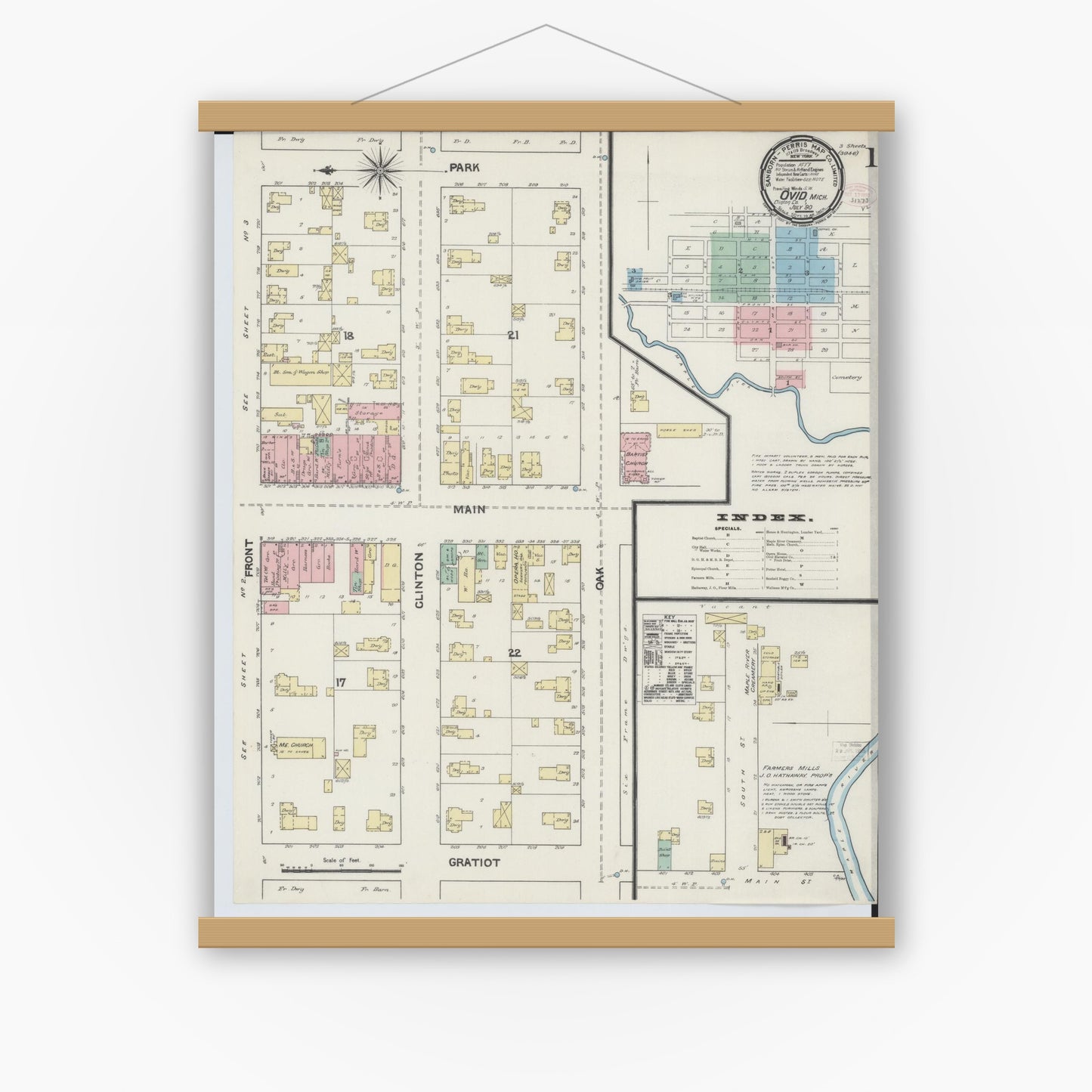 Old map wall art mockup — magnetic wood frame on white wall — Sanborn Fire Insurance Map from Ovid, Clinton County, Michigan (1890) - Complete Map Set