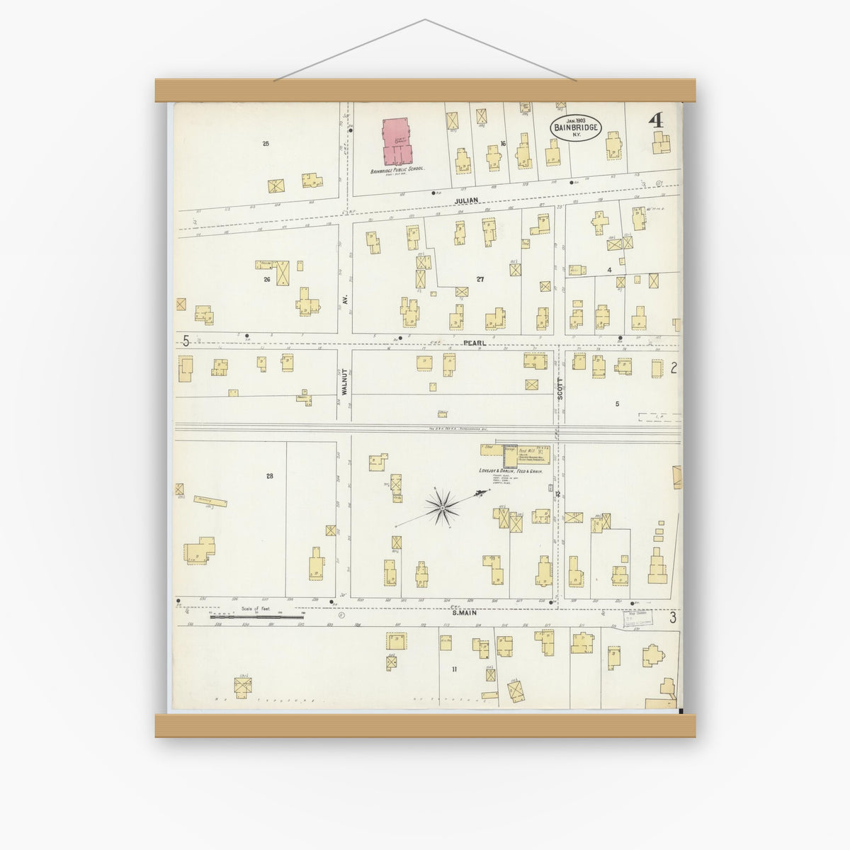 Old map wall art mockup — magnetic wood frame on white wall — Sanborn Fire Insurance Map from Bainbridge, Chenango County, New York (1903), Sheet #0004