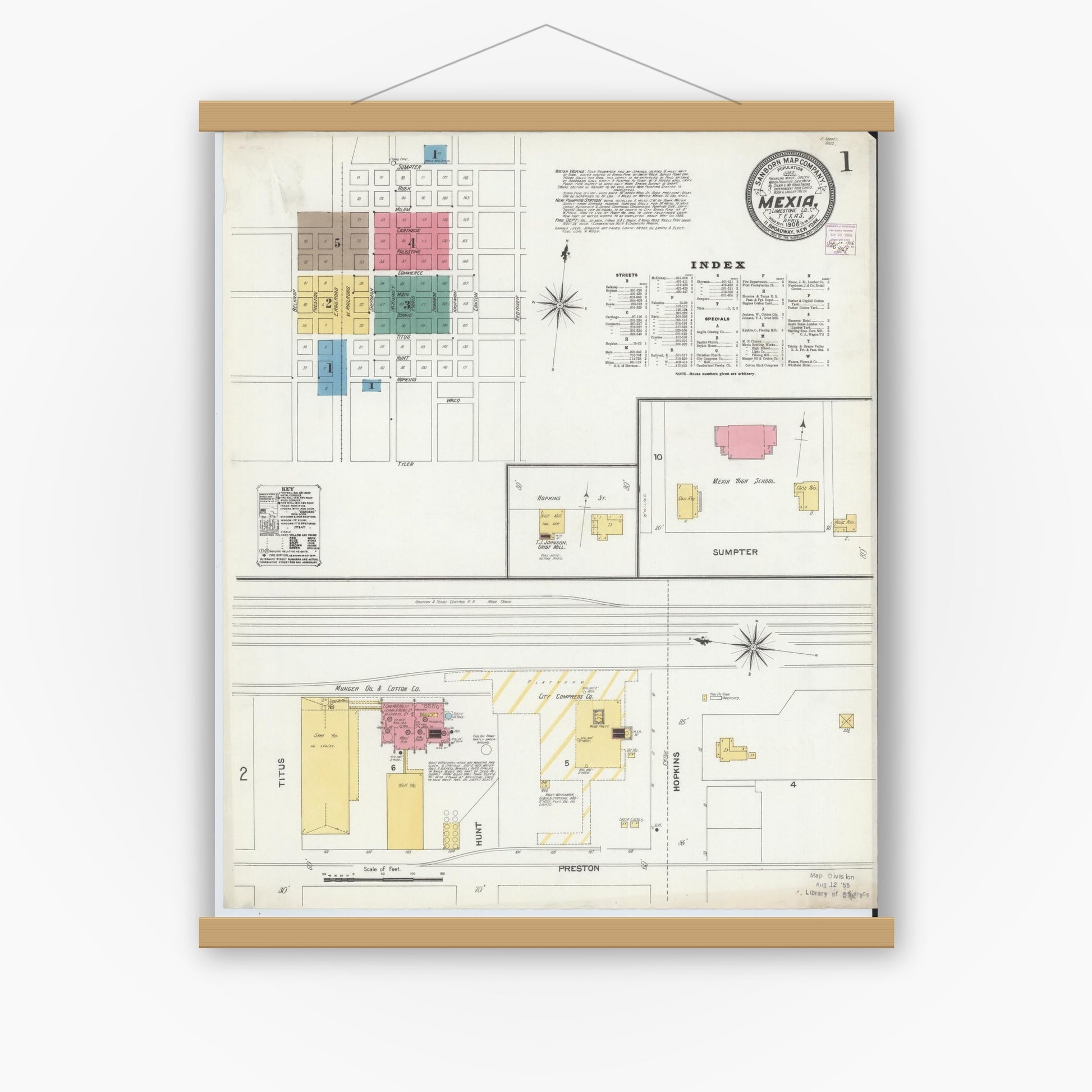 Old map wall art mockup — magnetic wood frame on white wall — Sanborn Fire Insurance Map from Mexia, Limestone County, Texas (1906) - Complete Map Set