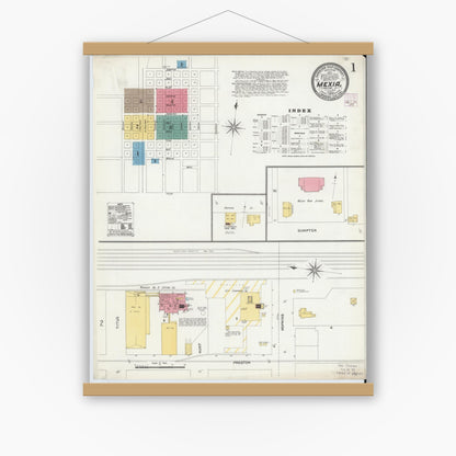 Old map wall art mockup — magnetic wood frame on white wall — Sanborn Fire Insurance Map from Mexia, Limestone County, Texas (1906) - Complete Map Set