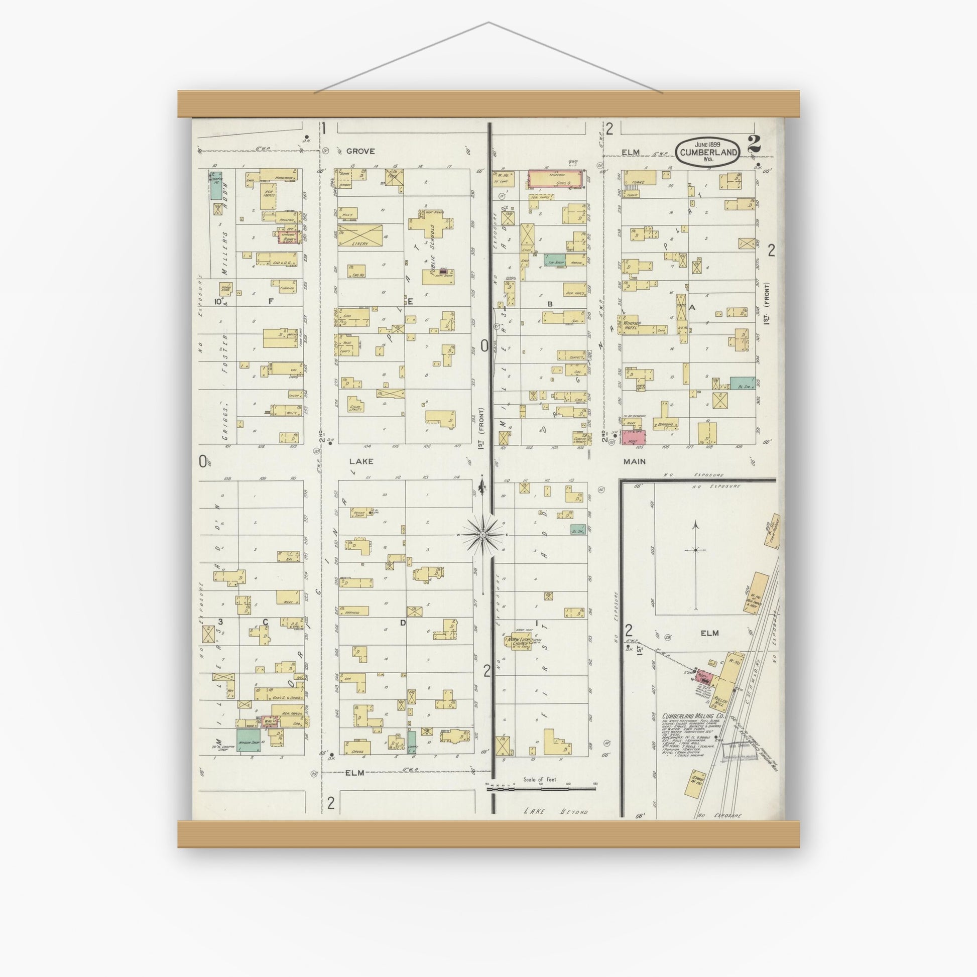 Old map wall art mockup — magnetic wood frame on white wall — Sanborn Fire Insurance Map from Cumberland, Barron County, Wisconsin (1899), Sheet #0002