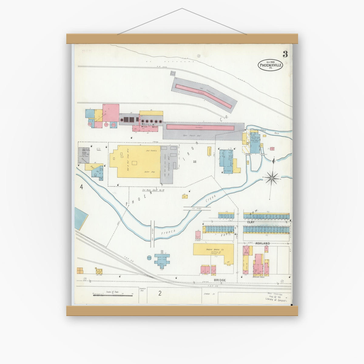 Old map wall art mockup — magnetic wood frame on white wall — Sanborn Fire Insurance Map from Phoenixville, Chester County, Pennsylvania (1900), Sheet #0003
