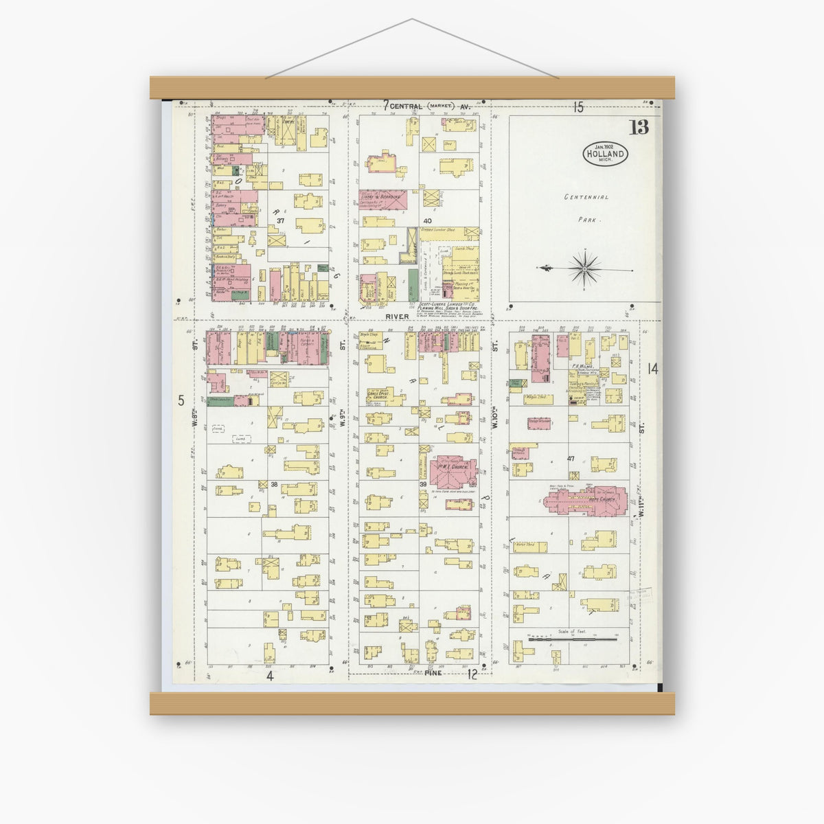 Old map wall art mockup — magnetic wood frame on white wall — Sanborn Fire Insurance Map from Holland, Ottawa County, Michigan (1902), Sheet #0013