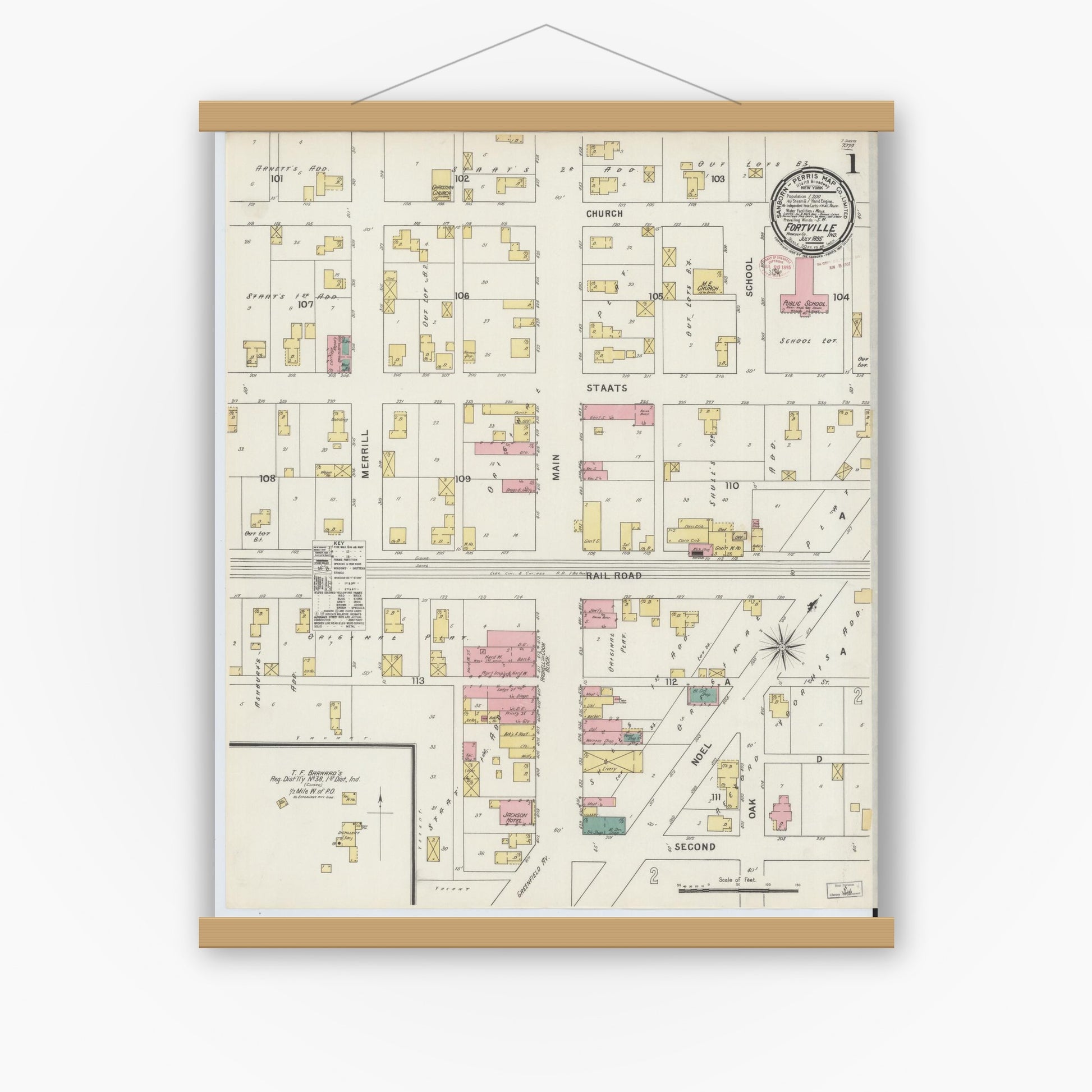 Old map wall art mockup — magnetic wood frame on white wall — Sanborn Fire Insurance Map from Fortville, Hancock County, Indiana (1895) - Complete Map Set