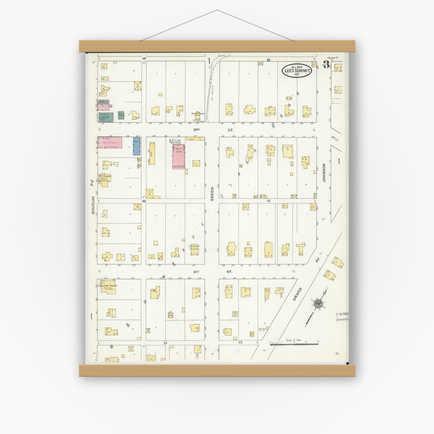 Old map wall art mockup — magnetic wood frame on white wall — Sanborn Fire Insurance Map from Lee's Summit, Jackson County, Missouri (1909), Sheet #0003