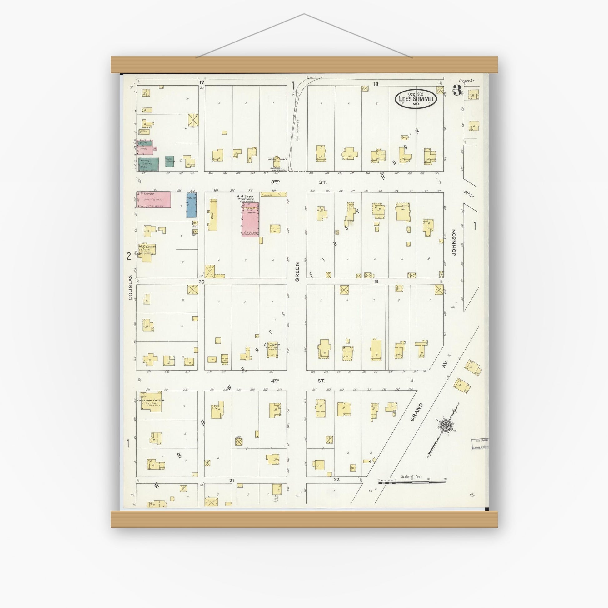 Old map wall art mockup — magnetic wood frame on white wall — Sanborn Fire Insurance Map from Lee's Summit, Jackson County, Missouri (1909), Sheet #0003