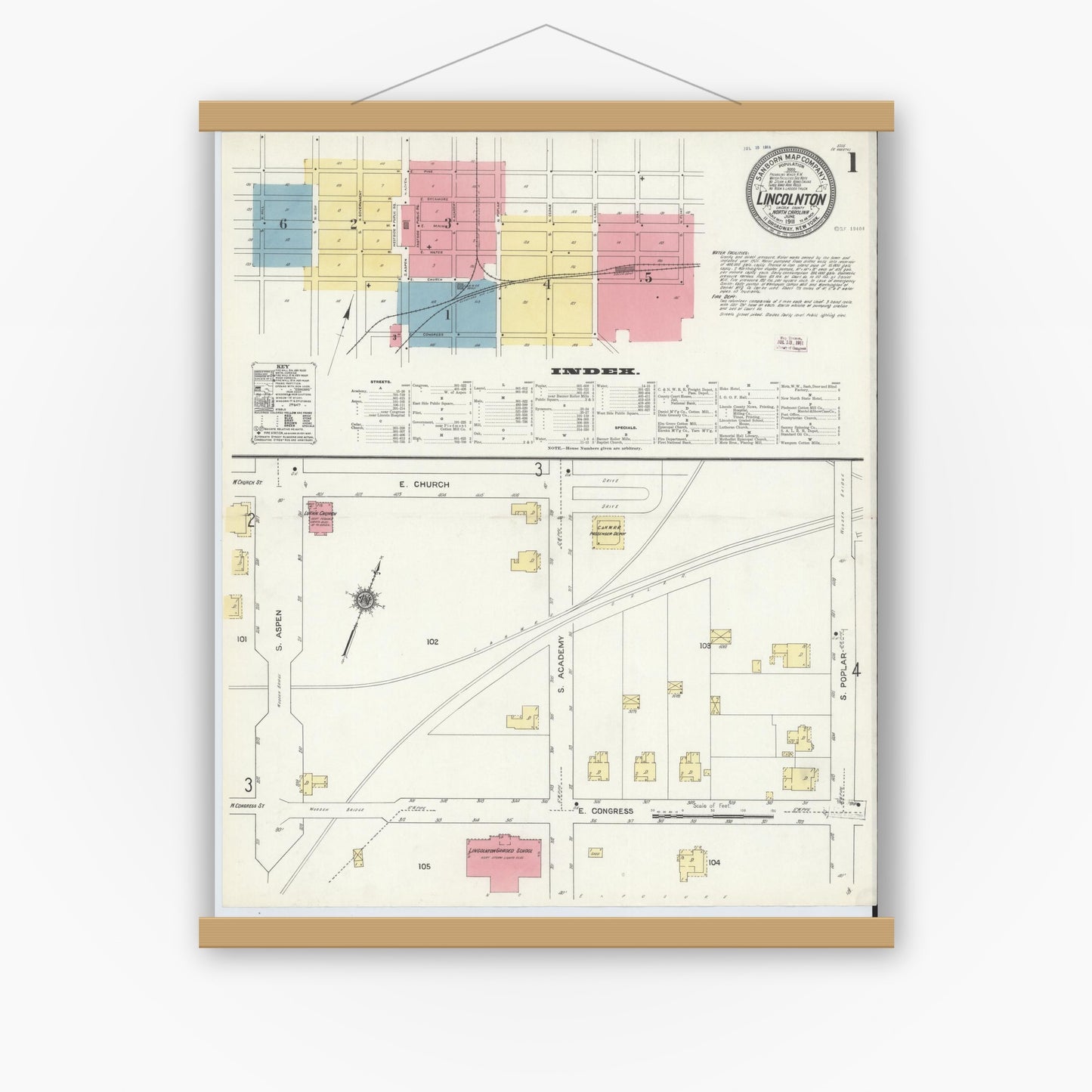 Old map wall art mockup — magnetic wood frame on white wall — Sanborn Fire Insurance Map from Lincolnton, Lincoln County, North Carolina (1911) - Complete Map Set