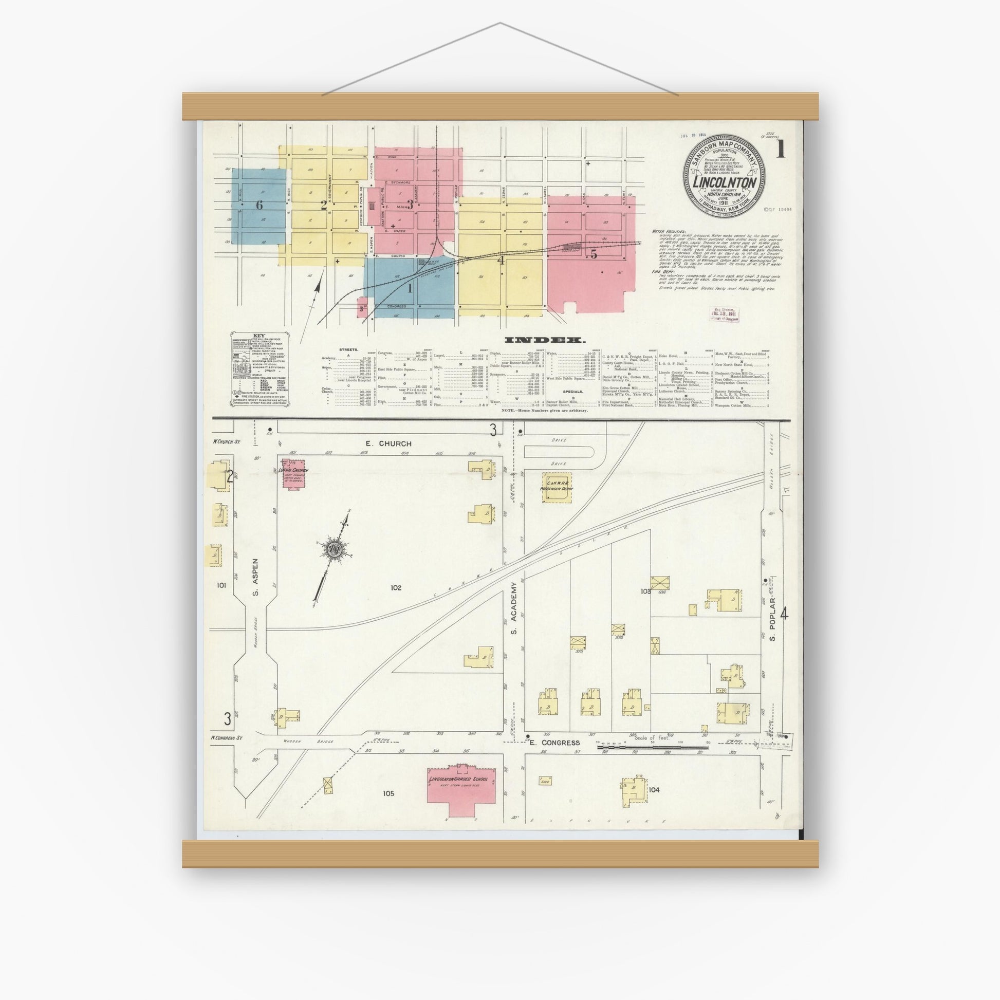 Old map wall art mockup — magnetic wood frame on white wall — Sanborn Fire Insurance Map from Lincolnton, Lincoln County, North Carolina (1911) - Complete Map Set