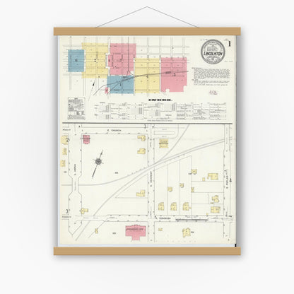 Old map wall art mockup — magnetic wood frame on white wall — Sanborn Fire Insurance Map from Lincolnton, Lincoln County, North Carolina (1911) - Complete Map Set
