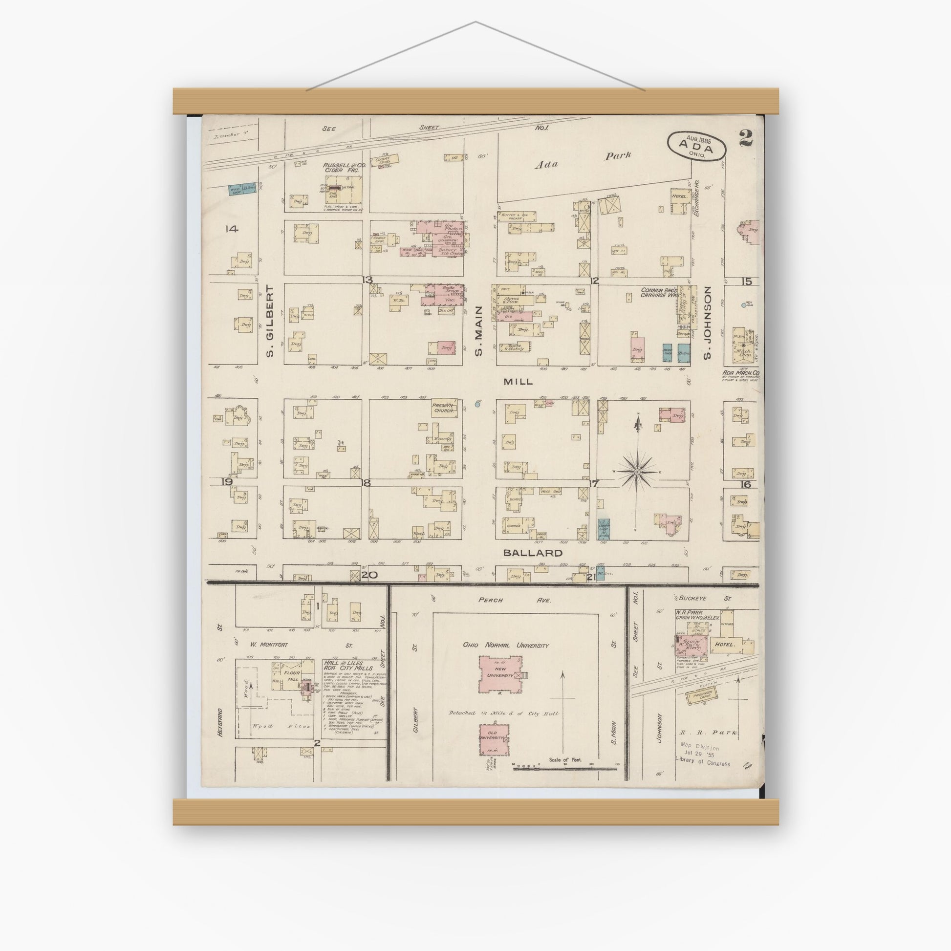 Old map wall art mockup — magnetic wood frame on white wall — Sanborn Fire Insurance Map from Ada, Hardin County, Ohio (1885), Sheet #0002